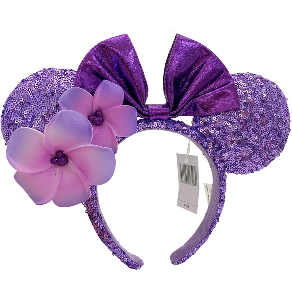 New Disney Parks Purple Plumeria Aulani Hawaii Sequins Minnie Ears Headband.
